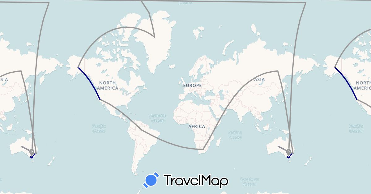 TravelMap itinerary: driving, plane in Australia, Brazil, Greenland, Russia, United States, South Africa (Africa, Europe, North America, Oceania, South America)